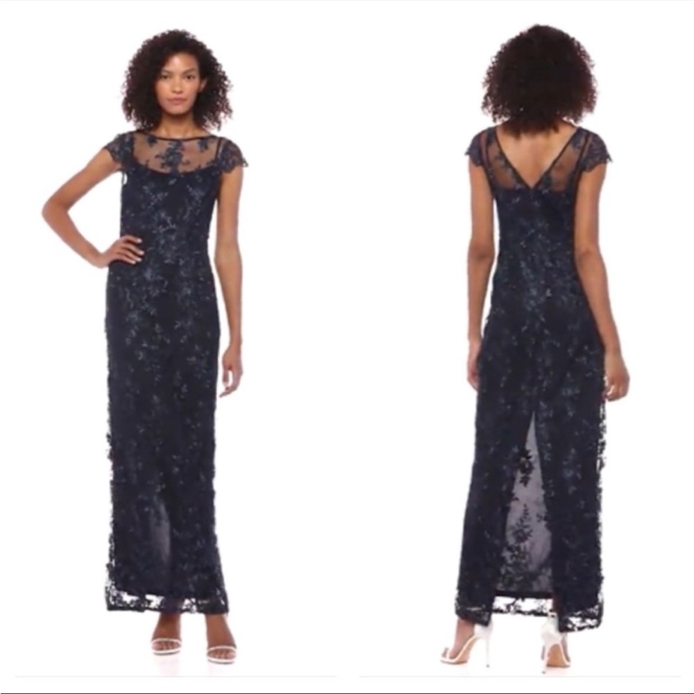 Adrianna Papell Corded Lace Maxi Dress in Midnight Navy Blue Size 8